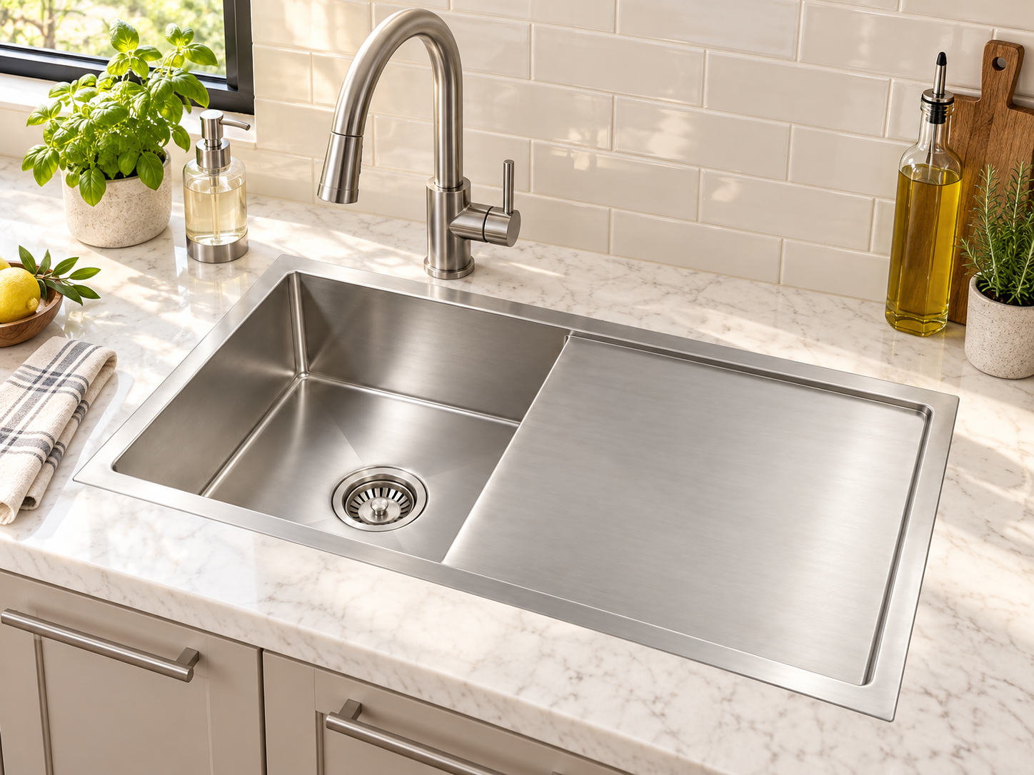 Single bowl drain board Hand crafted kitchen sink